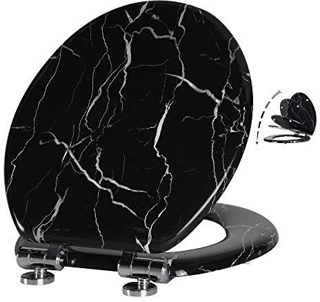 Angel Shield Marble Toilet Seat Durable Molded Wood with Quiet Close,Easy Clean，Quick-Release Hinges (Round,Black Marble)