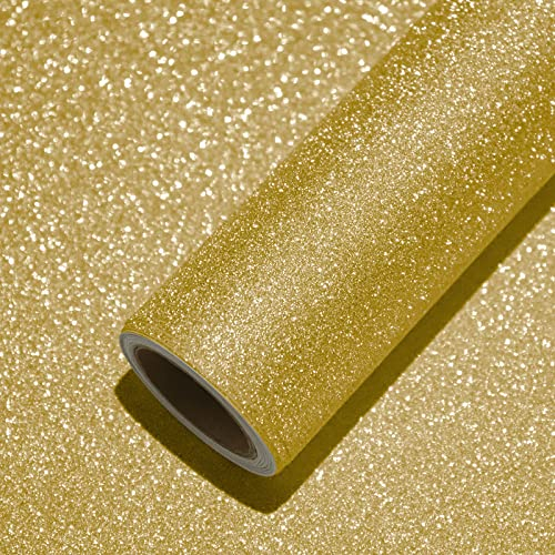 VEELIKE Glitzer Gold Möbelfolie Selbstklebende Wandtapeten Dekofolie 40cm X 300cm Klebefolie PVC Glitter Gold Wandaufkleber für Wohnzimmer Schlafzimmer Möbel Schrank Schminktisch