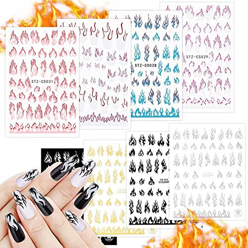 Kalolary Flammen Nagel Aufkleber, 3D Flame Nail Aufkleber Selbstklebend Nail Art Sticker Schwarz Weiß Gold Silber Designs für Mädchen Frauen DIY Nagel Kunst Dekoration (8 Stück)