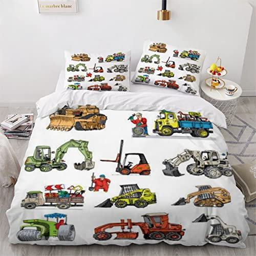 Bettwäsche 135x200 Traktor 3D Druck Weiche Mikrofaser Bettwäsche Set Kinder Jungen Cartoon-Baufahrzeug Bettbezüge mit ReißVerschluss und 2 Kissenbezug 80x80cm