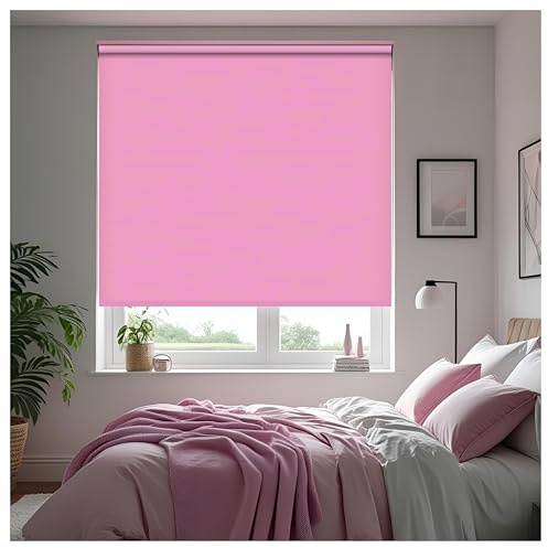 Thermal Insulated Blackout Fabric Roller Blinds, Easy Fit Room Darkening Shades Fittings Included Pink (Width 60cm x Length 165cm, Blackout, Pink) (BK004)