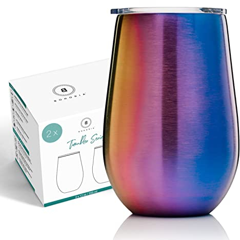 BOHORIA® Premium Edelstahl Kaffeebecher To Go | Thermo-Becher | Trinkbecher | Cocktail-Glas | Travel Mug (350ml) | Reisebecher mit Deckel (Trinköffnung) für Kaffee, Tee (2 x Rainbow)