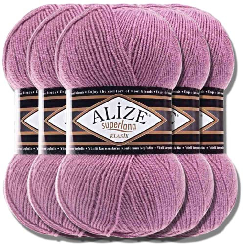 Hobby YARN Alize Superlana Klasik 5 x 100 g Türkische Premium Wolle Baumwolle und Acryl Uni Handstrickgarne Yarn Garn Strickgarn Baby zum Stricken Strickgarn (Rose | 28)