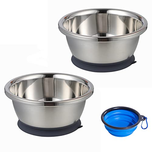 Lot de 2 gamelles en acier inoxydable pour chien avec base à ventouse antidérapante, gamelles en métal pour chiens de petite, moyenne et grande taille, 1600 ml