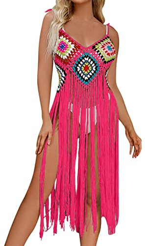 Strandkleid Damen Spaghetti-Trägern, Quaste, gehäkelt, für Damen, sexy Fransen-Saum, Badeanzug Boho Strandurlaub Bademode Badeanzug Bikini Cover Up