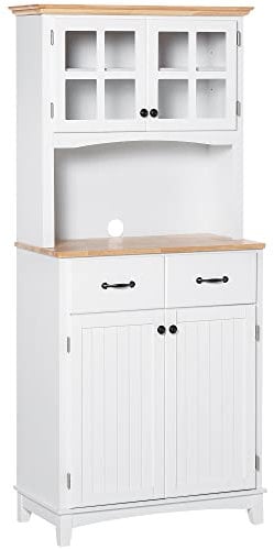 HOMCOM Freestanding Kitchen Cupboard, Kitchen Storage Cabinet with Framed Glass Doors, 2 Drawers, Microwave Counter, White