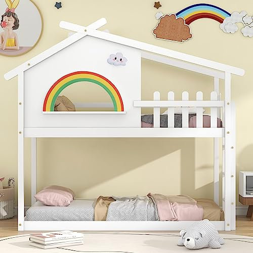 ZYLOYAL10 Wooden House Bunk Bed with Ladder for Kids, 3 FT Single Tree House, Solid Pine Wood, Kids Bunk Bed Frames with Safety Guardrail for Children Girls and Boys