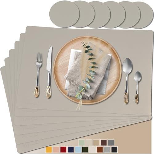Mahewa® 6er Set Premium Tischset aus Kunstleder - Platzset abwaschbar und wasserdicht - Platzdeckchen Telleruntersetzer in Lederoptik (Taupe, Eckig)