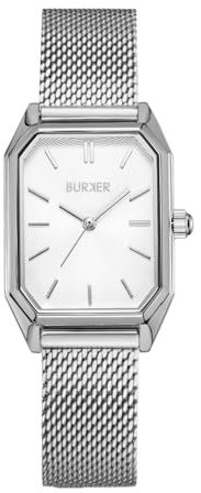 BURKER Damenuhr Isabell, Rechteckiger Damen Armbanduhr Milanaise-Armband Edelstahl Analog Quarz 3-ATM Wasserdicht - 28 mm - Silber