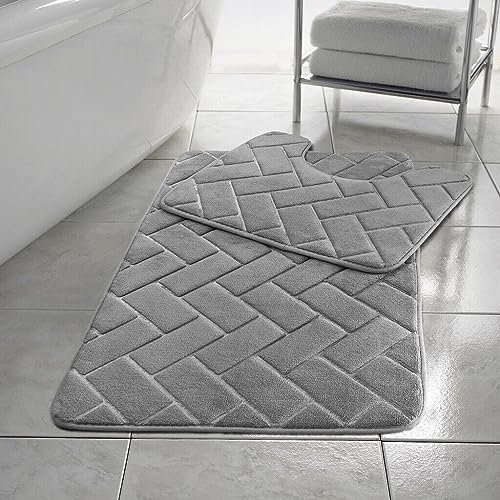 PARADISE STAR Block Memory Foam Bath Mat Extra Absorbent, Soft & Comfortable, Non Slip Bathroom Rug and Pedestal Bath Mat Set COLOUR SILVER