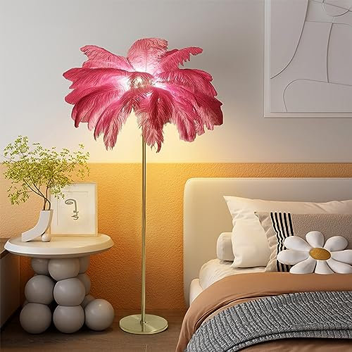 OUFUAMY Lampadaire doré en Plumes d'autruche, Lampe sur Pied en résine métallique, éclairage de décoration d'hôtel, Lampe de Chevet de Chambre de Princesse, 160cm (avec LED 6 Ampoules)