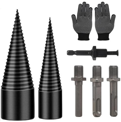 Wood Splitter Drill Bit 42mm + 32mm with Anti-Slip Gloves and 4 Drilling Handles, Log Splitter Drill Bit Kindling Splitter for Wood Splitting Drill Bit Heavy Duty Firewood Splitter Drill Bit