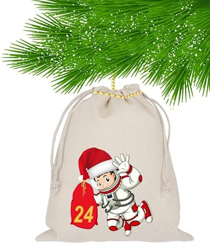 Adventskalender zum Befüllen, 24 Stoffbeutel, Bedruckt 20x15 Groß,Astronaut, Nikolaus, Weihnachten Geschenksäckchen, Säckchen, DIY Selber Befüllen, Weihnachtskalender