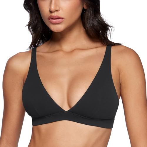 INGIA Womens Deep V-Neck Sports Bra Padded Low Impact Fitness Yoga Bra U Back Wireless Workout Bra Contour Crop Top Black Small