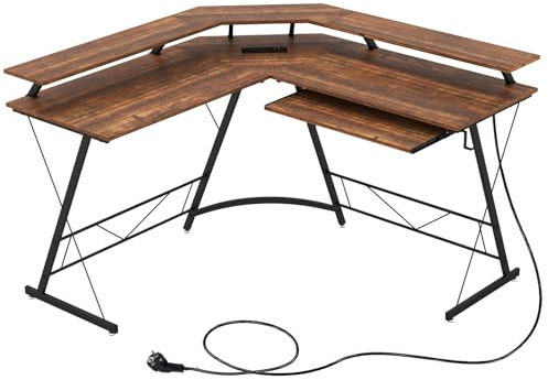 LIFEZEAL L-förmiger Eckschreibtisch, Computertisch mit Monitorhalterung, Schreibtisch mit Ladestation, Tastaturablage & Kopfhörerhaken, Ecktisch für Zuhause Büro Schlafzimmer (Braun)