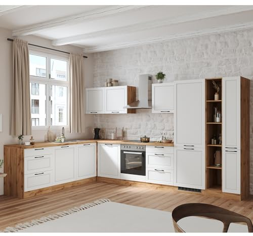 Lomadox Winkelküche Küche Einbauküche Küchenzeile L-Form 360/240 cm mit E-Geräten in weiß und Eiche, Arbeitsplatte in Eiche, inkl. Dunstabzugshaube, Herd, Backofen, Geschirrspüler, Kühlgefrierkombi