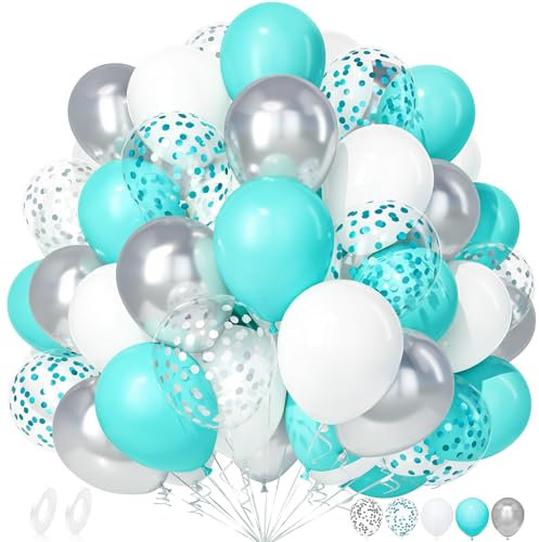 Unisun Luftballons Blau Weiß, 50 Stück Latex Ballons Teal Blau Weiß Turquoise Türkis Silber Konfetti Luftballon Mädchen Frauen Geburtstag Jubiläum Abschlussfeiern Hochzeit Verlobung Baby Shower Deko
