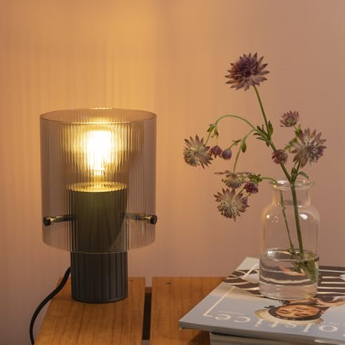 Lightbox Nacht-Tischlampe | Ø 14 cm, 22 cm Höhe | Tischleuchte mit Wipp-Schalter & geriffeltem Rauchglas Lampen-Schirm | E27 | elegante Schlafzimmer-Lese-Lampe aus Glas/Metall in Grau/Transparent