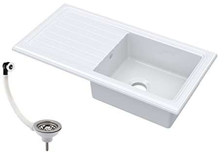 Balterley Ceramic Kitchen Sink with Drainer & Waste, & Overflow, 101cm Inset Counter Top, Fireclay White Sink, Single Bowl Reversible Kitchen Sinks, Easy to Clean Sinks (White)