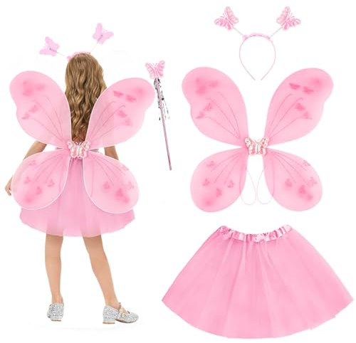 AYBUY Costume Farfalla Bambina, 4 Pcs Costume Fata Ragazza con Bacchetta Magica e Fascia, Ali di Farfalla Set con Tutu Gonna, per Capelli a Farfalla, Stile Tulle(Rosa)