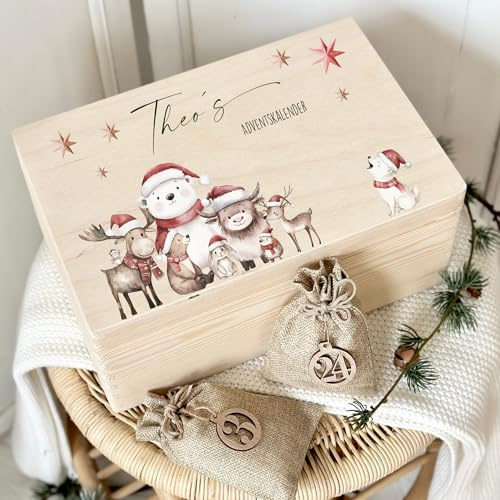 Manufaktur Liebevoll Adventskalender zum Befüllen, personalisierter Adventskalender Kinder Erwachsene Holzkiste DIY Weihnachtskalender Mädchen Jungen Sie und Ihn als Geschenk (Theo)