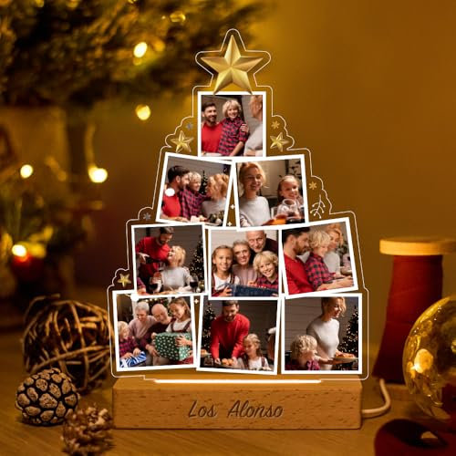 Transparent Gift Lámpara Personalizada con Nueve Fotos en Árbol de Navidad. Lámparas Personalizadas. Placas de Metacrilato con Luz LED. Regalos para Navidad. Decoración Navideña. Regalos para Familia