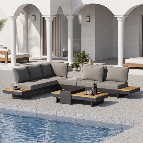 Homary 6-Sitzer Outdoor Gartenmöbel Set – Wetterfestes Lounge Sofa aus Aluminium & Teakholz, Modular & Bequem, inkl. Cremeweißer Polster & Couchtisch, Perfekt für Terrasse, Balkon & Garten
