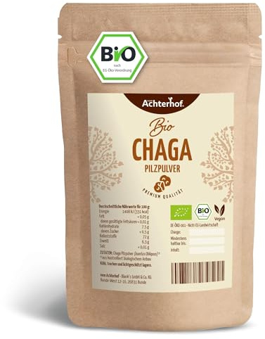 Bio Chaga Pilz Pulver 100g | Vitalpilz | naturreines Chaga Pilzpulver aus dem ganzen Fruchtkörper | als Kaffee, Tee oder Shake | vom Achterhof