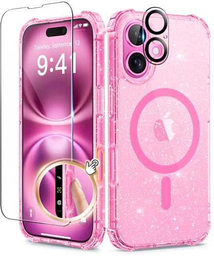 BERFY Magnetic for iPhone 16 Case, [Compatible with Magsafe], with Screen Protector + Camera Lens Protector, [Non-Yellowing] Clear Sparkly Shockproof Hard Phone Case for Women 6.1, Hot Pink
