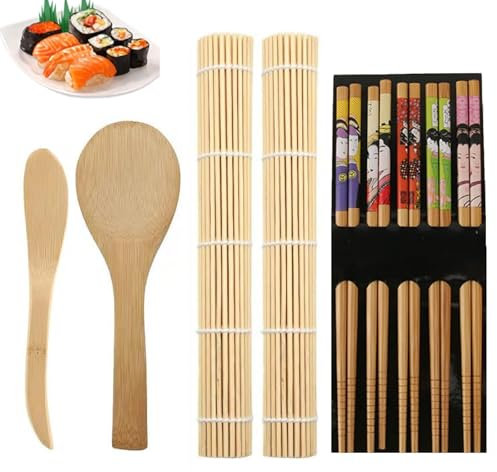 Lot de 9 sets à sushis, tapis à sushis, rouleau à sushi, tapis en bambou, accessoires à sushi, kit à sushis, tapis en bambou pour cadeau, convient pour la fabrication de sushis, de riz et de rouleau