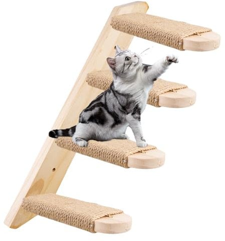 Pared de escalada para gatos de madera maciza de roble, escalera para gatos, escalar para gatos de hasta 15 kg, muebles para gatos con cuerda de yute, muebles interiores para gatos, escalar, jugar