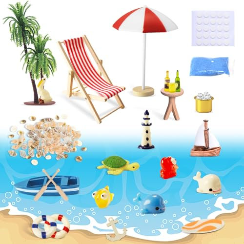 MoguGo Set di 26 decorazioni da spiaggia, piccole palme, decorazione in miniatura, decorazione estiva da giardino, decorazione in miniatura, per fai da te, decorazione da giardino in miniatura