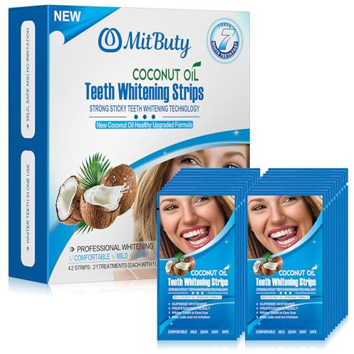 MitButy Strisce Sbiancanti Denti – 21 Giorni (42 Strisce), Teeth Whitening Strips con Formula al Cocco – Sbiancante Denti e Protezione dello Smalto, Antiscivolo & Denti Bianchi