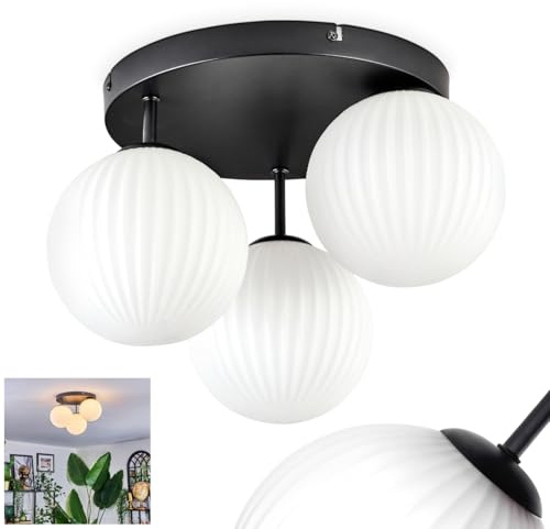 HOFSTEIN Deckenleuchte Chehalis, 3-flammige Deckenlampe aus Metall/Milchglas/Riffelglas in Schwarz/Weiß, Leuchte im Retro/Vintage-Design (Schirme Ø 15 cm), G9, Esszimmer, Wohnzimmer, Schlafzimmer