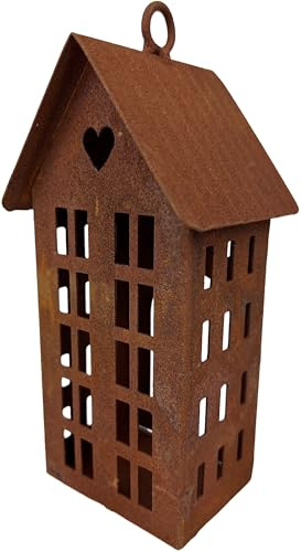 Rustikales Windlicht-Haus aus Metall, Gartendekoration mit Herz, 17 cm, Rost-Optik