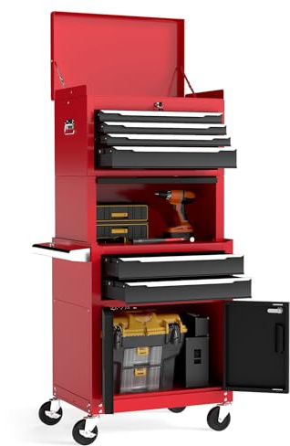 HOMFME 3-in-1 Heavy-Duty Metal Tool Cabinet, 6-Drawer Rolling Tool Chest Combo with Lockable Drawers, Mobile Workshop Service Cart & Utility Trolley for Garage (Red+Black)