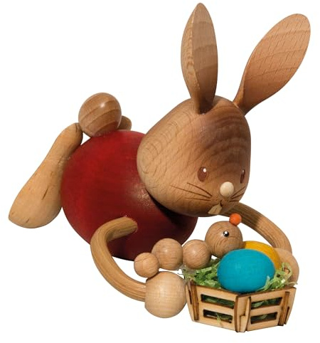 Kuhnert Drechslerei Osterdekoration/Osterhase „Stupsi mit Ostereierkorb“ 11 cm, aus feinstem Holz, für EIN Bezauberndes Osterfest oder eine dauerhafte Dekoration, Holzkunst Made in Germany