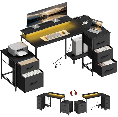 WOLTU Schreibtisch L Form mit 5 Schubladen, Eckschreibtisch Schwarz | 2 Ablagen, 2 Steckdosen, USB-Ladeanschluss & Typ-C, Monitorständer, LED, für Homeoffice Schlafzimmer Wohnzimmer, 180x80 cm