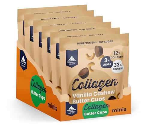 Multipower Collagen Butter Cups (6x 70 g) – High Protein Süßigkeiten mit 10% Kollagen & 33% Protein, Low Carb & zuckerarm (Vanilla Cashew)