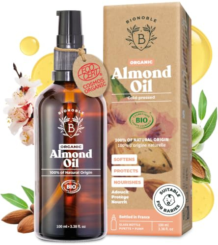 BIONOBLE Olio di Mandorle Dolci Puro - Spremuto a Freddo, Naturale - 100ml | Olio Corpo Idratante Pelle Secca, Massaggio Viso, Neonato, Gravidanza, Smagliature, Bottiglia di Vetro, Pipetta, Pompa