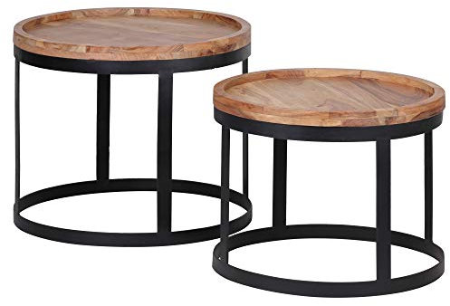 FineBuy 2er Set Beistelltische Massivholz Wohnzimmer-Tisch Landhaus-Stil Anstelltisch Metallgestell Natur-Holz Couchtisch Natur-Produkt Wohnzimmermöbel Massivholzmöbel Echtholz Anstelltisch