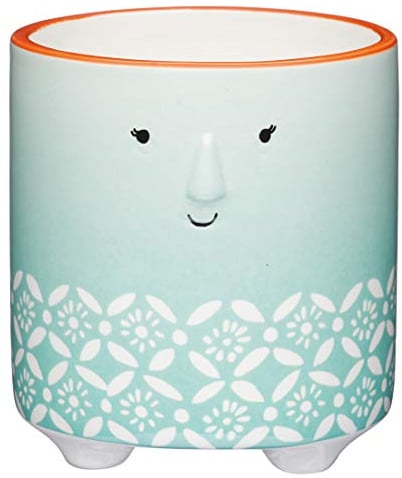 KitchenCraft Small Indoor Plant Pot, Decorative Floral Face Design, Ceramic, Green / White