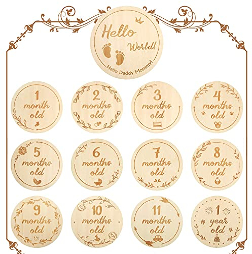 Outus Baby Monatliche Holzkarten, 26 Design 13 Stücke Neugeborene Meilenstein Baby Geschenk Sets Monatliche Meilenstein Karten Baby Ersten Jahr Wachstum Foto Bild Gedenk Requisiten, Doppelseitige