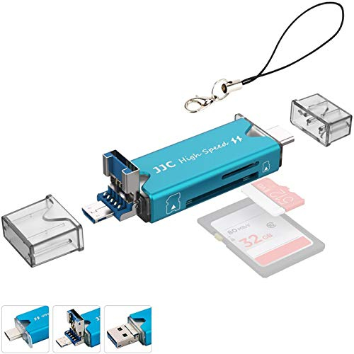 JJC Lecteur de Cartes USB 3.0 en métal avec Ports USB 3.0, Micro USB 2.0 et USB 3.0 de Type C pour SD, Micro SD, SDXC, SDHC pour téléphones ou tablettes compatibles Micro OTG/USB-C OTG (Bleu)