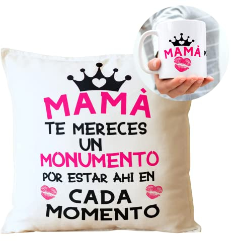 E T K R EL TALLER DE COSTURAS CUMPLEAÑOS MAMÁ Cojín Original 35 x 35 cm + Taza 350 ml Incluye Relleno Regalo para EL Dia DE Las Madres Desayuno Original Dia De La Madre (COJIN +Taza Mama TE MERECES)