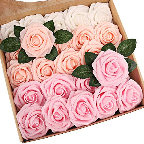 N&T NIETING Künstliche Blume Rosen, 25 Stück Deko Blumen Fake Rosen mit Stielen DIY Hochzeit Blumensträuße Braut Babydusche Party Zuhause Dekoration, Series Rosa
