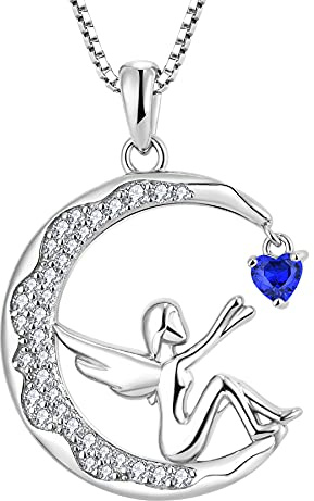 FJ Guardian Angel Necklace 925 Sterling Silver Moon Pendant September Birthstone Necklace Sapphire Jewellery Gifts for Women