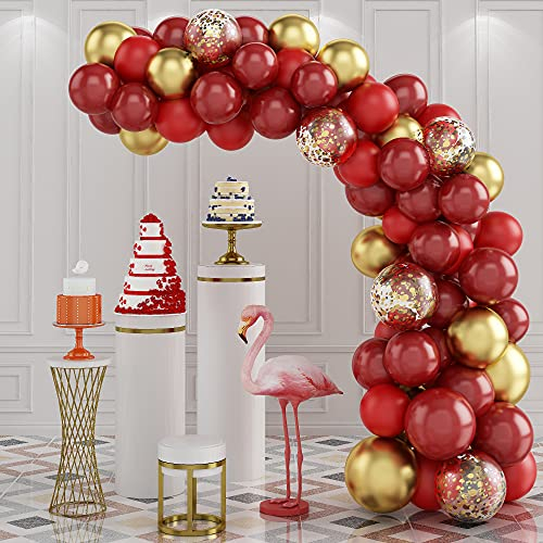 Red Balloon Arch Kit, Red and Gold Balloon Arch Garland Kit with Gold Confetti Balloons, Double Layer Ruby Red Balloon Metallic Gold Latex Balloons for Wedding Birthday Bridal Shower Party Decorations