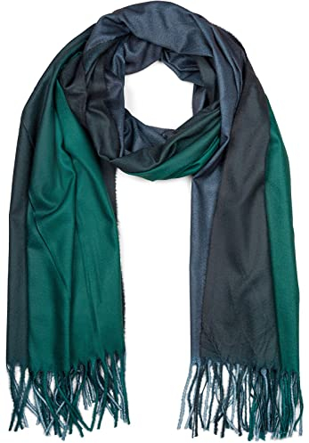 styleBREAKER Damen Schal mit 2-farbigem Farbverlauf und Fransen, warme Winter Stola mehrfarbig, Ombré Look 01017147, Farbe:Dunkelgrün-Schwarz