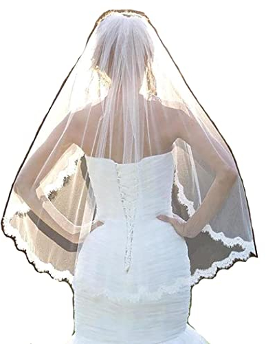 Wedity Hochzeit Brautschleier Kleine Wimpern Spitze Blumenrand Tüll Ellenbogen Fingerspitze Länge Schleier Braut Haarschmuck mit Kamm für Frauen und Mädchen (Elfenbein)